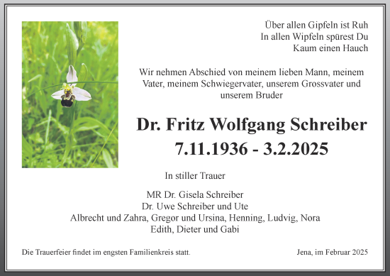 Traueranzeige von Fritz Wolfgang Schreiber von Ostthüringer Zeitung, Thüringische Landeszeitung
