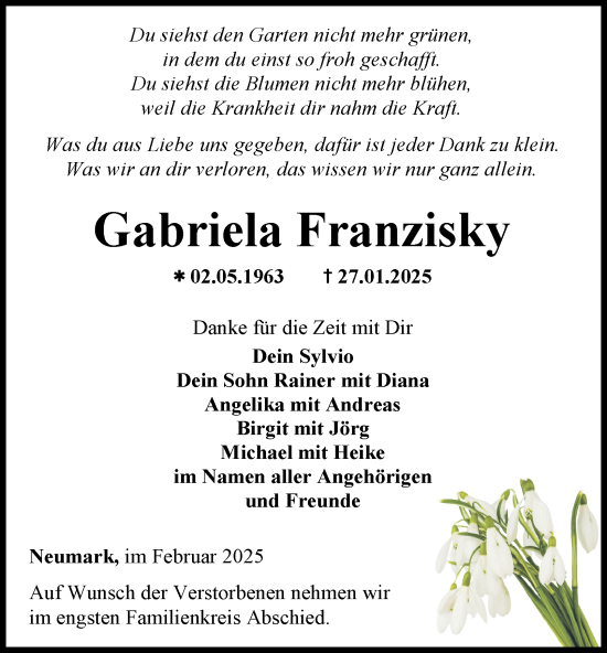 Traueranzeige von Gabriela Franzisky von Thüringer Allgemeine, Thüringische Landeszeitung