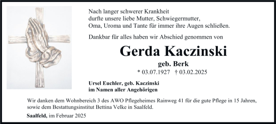 Traueranzeige von Gerda Kaczinski von Ostthüringer Zeitung