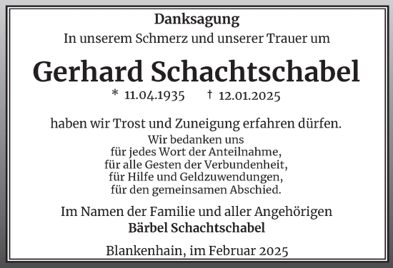 Traueranzeige von Gerhard Schachtschabel von Thüringer Allgemeine, Thüringische Landeszeitung