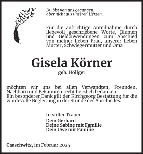 Traueranzeige von Gisela Körner von Ostthüringer Zeitung