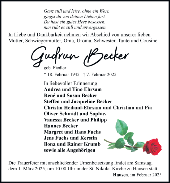Traueranzeige von Gudrun Becker von Thüringer Allgemeine, Thüringische Landeszeitung