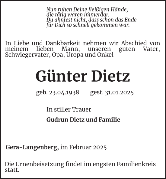 Traueranzeige von Günter Dietz von Ostthüringer Zeitung