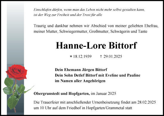 Traueranzeige von Hanne-Lore Bittorf von Thüringer Allgemeine, Thüringische Landeszeitung