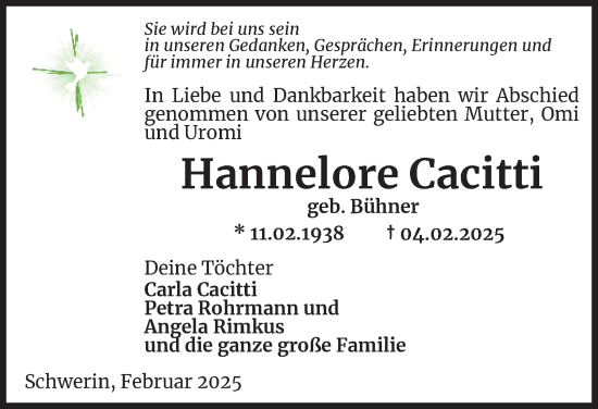 Traueranzeige von Hannelore Cacitti von Thüringer Allgemeine, Thüringische Landeszeitung