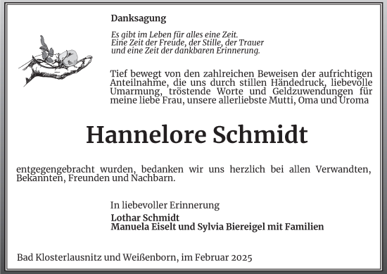 Traueranzeige von Hannelore Schmidt von Ostthüringer Zeitung