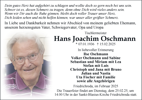 Traueranzeige von Hans Joachim Oschmann von Thüringer Allgemeine, Thüringische Landeszeitung