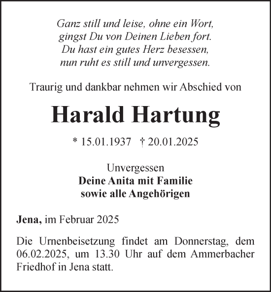 Traueranzeige von Harald Hartung von Ostthüringer Zeitung, Thüringische Landeszeitung
