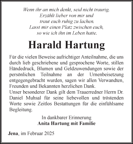 Traueranzeige von Harald Hartung von Ostthüringer Zeitung, Thüringische Landeszeitung