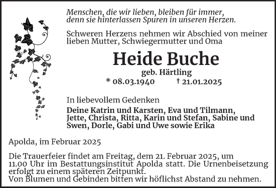 Traueranzeige von Heide Buche von Thüringer Allgemeine, Thüringische Landeszeitung