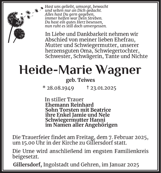 Traueranzeige von Heide-Marie Wagner von Thüringer Allgemeine