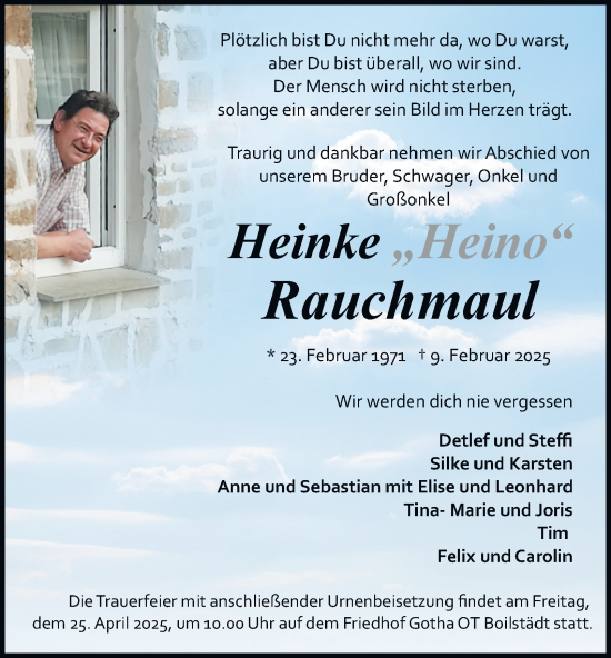 Traueranzeige von Heinke Rauchmaul von Thüringer Allgemeine, Thüringische Landeszeitung