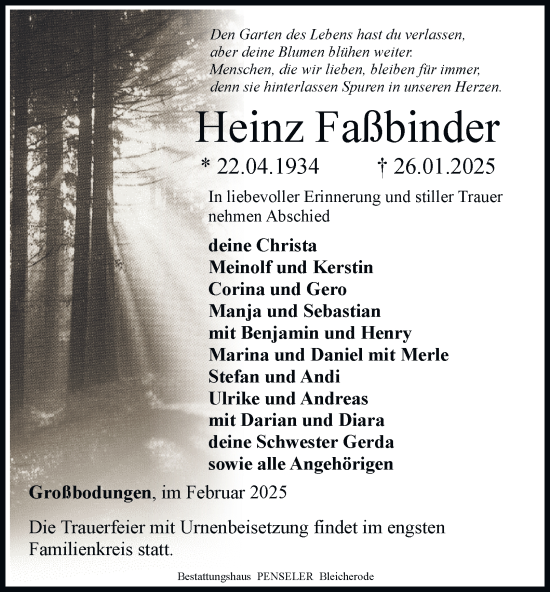 Traueranzeige von Heinz Faßbinder von Thüringer Allgemeine