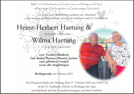 Traueranzeige von Heinz-Herbert und Wilma Hartung von Thüringer Allgemeine