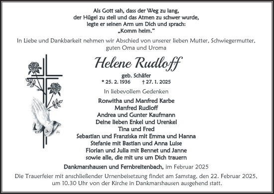 Traueranzeige von Helene Rudloff von Thüringer Allgemeine, Thüringische Landeszeitung