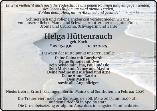 Traueranzeige von Helga Hüttenrauch von Thüringer Allgemeine, Thüringische Landeszeitung