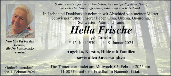 Traueranzeige von Hella Frische von Thüringer Allgemeine, Thüringische Landeszeitung