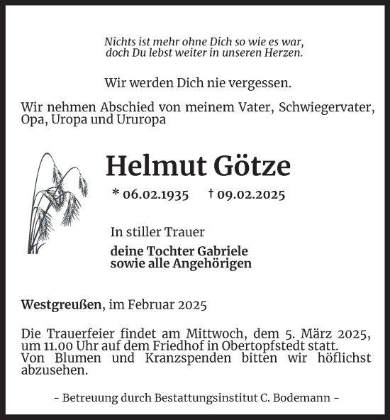 Traueranzeige von Helmut Götze