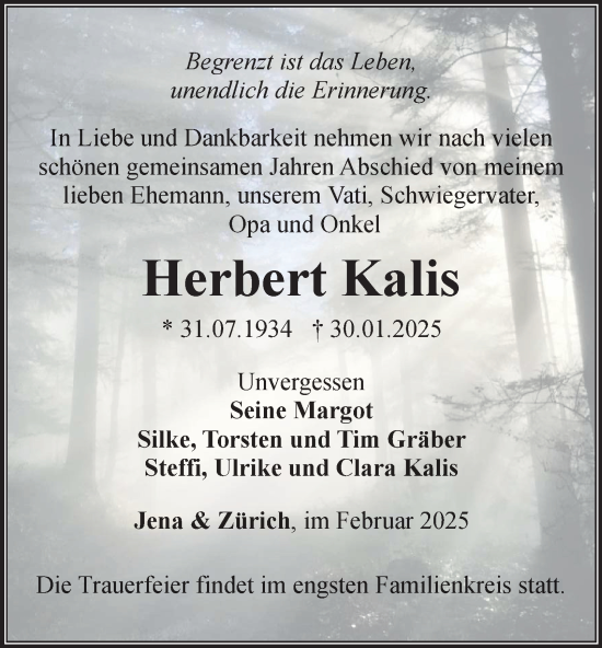 Traueranzeige von Herbert Kalis von Ostthüringer Zeitung, Thüringische Landeszeitung