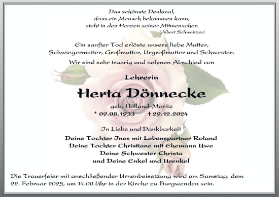 Traueranzeige von Herta Dönnecke von Thüringer Allgemeine