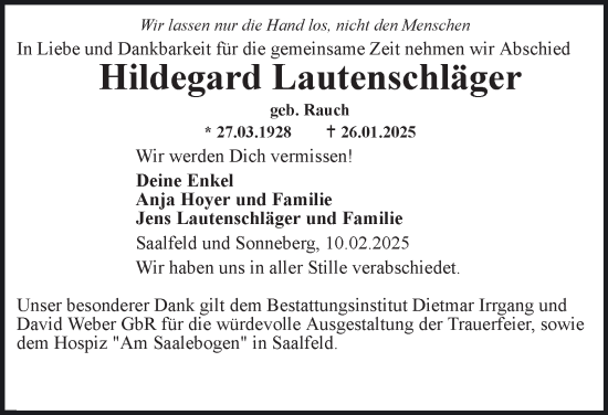 Traueranzeige von Hildegard Lautenschläger von Ostthüringer Zeitung