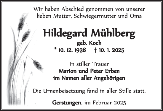 Traueranzeige von Hildegard Mühlberg von Thüringer Allgemeine, Thüringische Landeszeitung