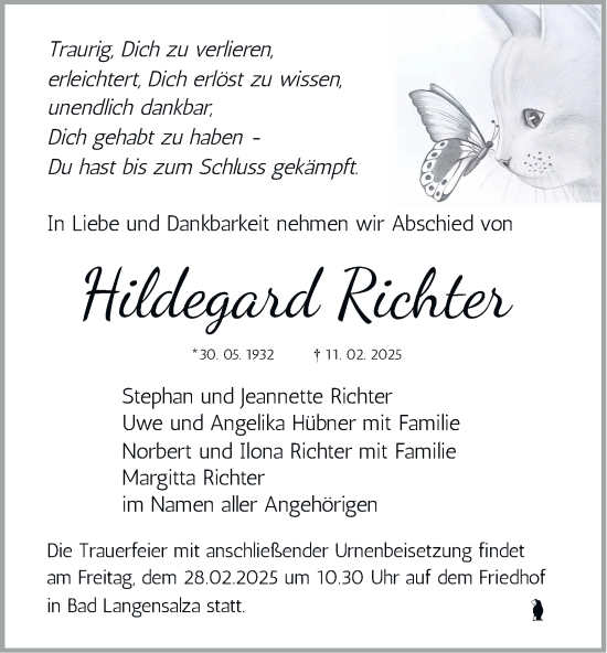 Traueranzeige von Hildegard Richter von Thüringer Allgemeine, Thüringische Landeszeitung