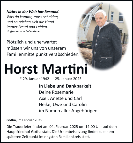 Traueranzeige von Horst Martini von Thüringer Allgemeine, Thüringische Landeszeitung