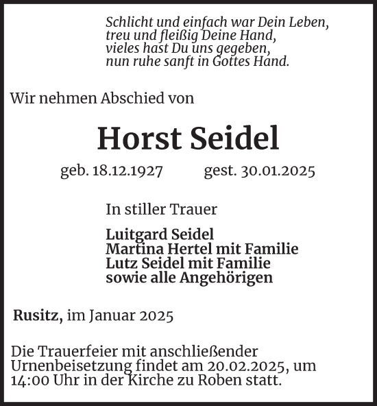 Traueranzeige von Horst Seidel