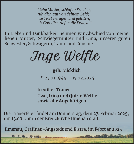 Traueranzeige von Inge Welfle von Thüringer Allgemeine
