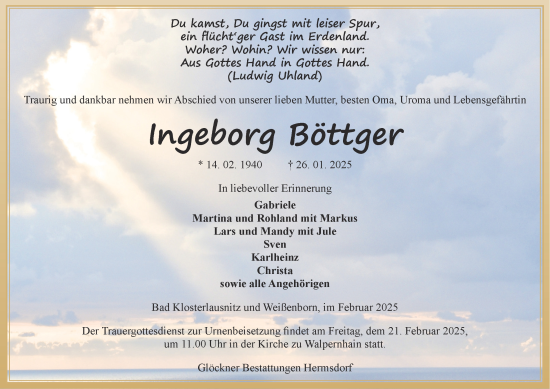 Traueranzeige von Ingeborg Böttger von Ostthüringer Zeitung