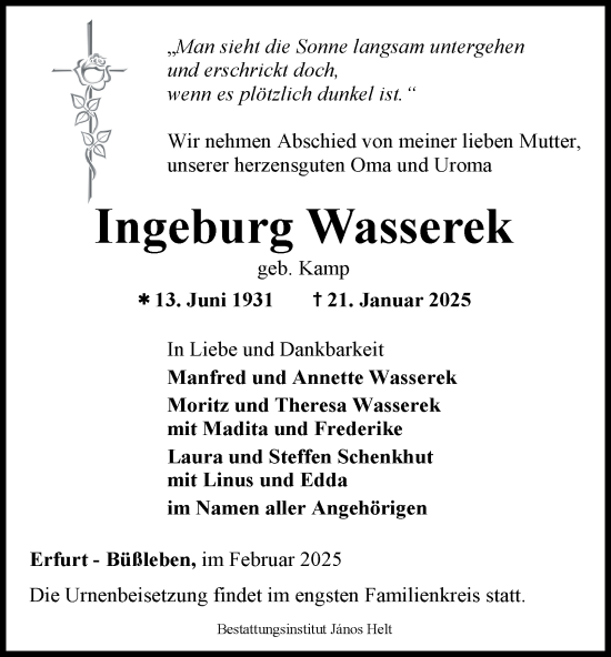 Traueranzeige von Ingeburg Wasserek von Thüringer Allgemeine, Thüringische Landeszeitung