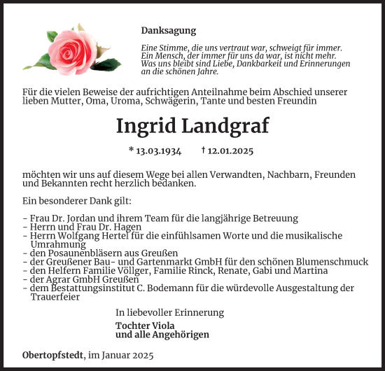 Traueranzeige von Ingrid Landgraf