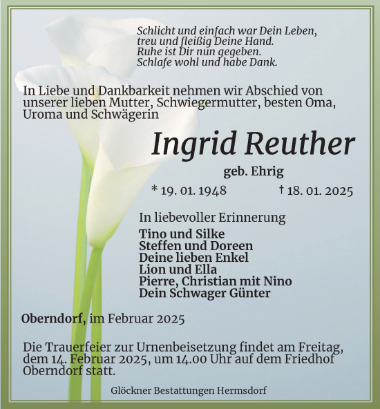 Traueranzeige von Ingrid Reuther von Ostthüringer Zeitung