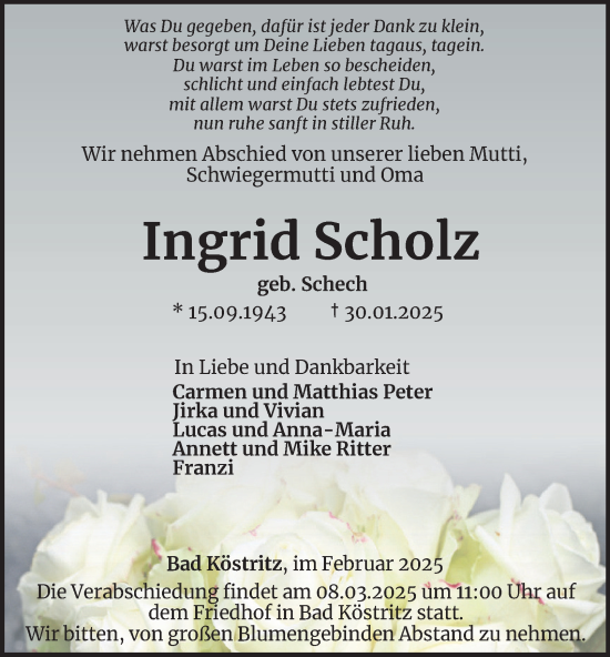 Traueranzeige von Ingrid Scholz