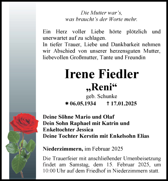 Traueranzeige von Irene Fiedler von Thüringer Allgemeine, Thüringische Landeszeitung