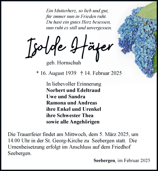 Traueranzeige von Isolde Häfer von Thüringer Allgemeine, Thüringische Landeszeitung