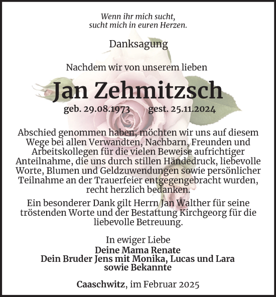 Traueranzeige von Jan Zehmitzsch von Ostthüringer Zeitung
