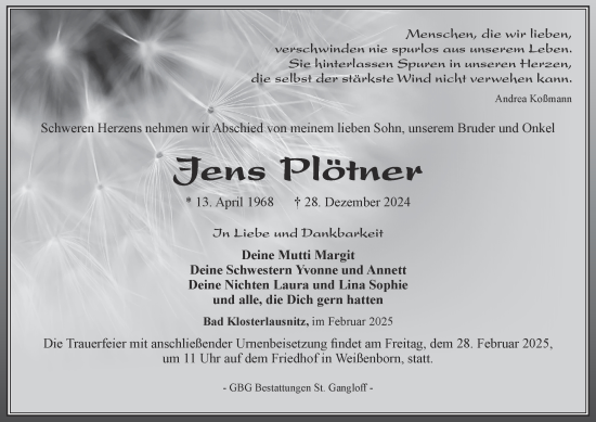 Traueranzeige von Jens Plötner von Ostthüringer Zeitung