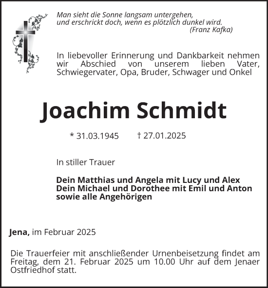 Traueranzeige von Joachim Schmidt von Ostthüringer Zeitung