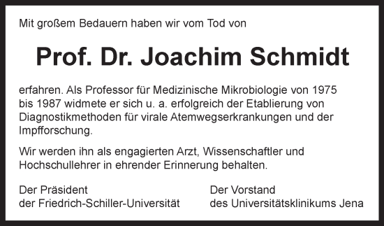 Traueranzeige von Joachim Schmidt von Ostthüringer Zeitung, Thüringische Landeszeitung