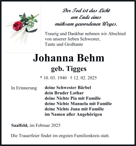 Traueranzeige von Johanna Behm von Ostthüringer Zeitung