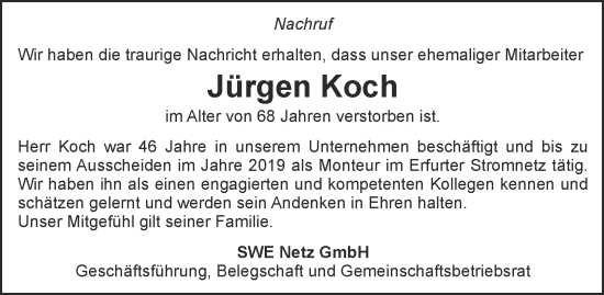 Traueranzeige von Jürgen Koch von Thüringer Allgemeine, Thüringische Landeszeitung