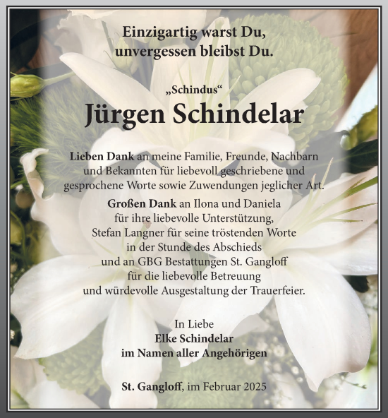 Traueranzeige von Jürgen Schindelar von Ostthüringer Zeitung