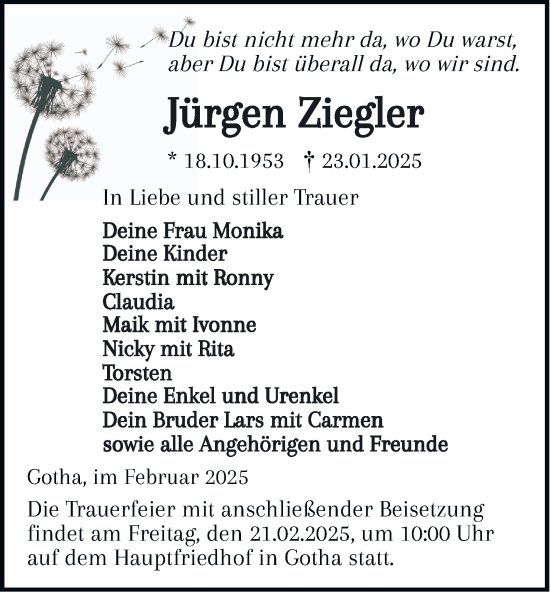 Traueranzeige von Jürgen Ziegler von Thüringer Allgemeine, Thüringische Landeszeitung