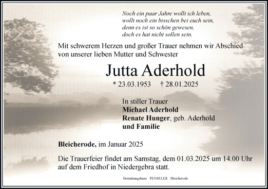 Traueranzeige von Jutta Aderhold von Thüringer Allgemeine