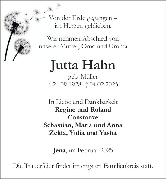 Traueranzeige von Jutta Hahn von Ostthüringer Zeitung, Thüringische Landeszeitung