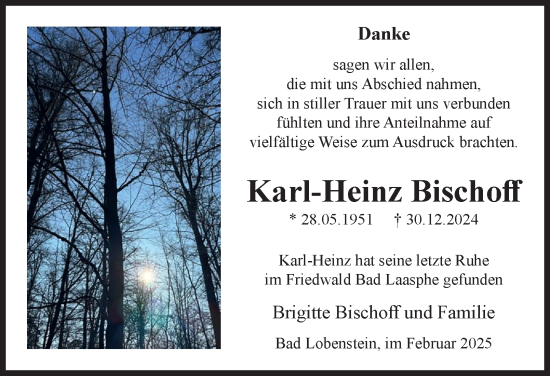 Traueranzeige von Karl-Heinz Bischoff von Ostthüringer Zeitung