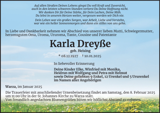 Traueranzeige von Karla Dreyße von Thüringer Allgemeine, Thüringische Landeszeitung