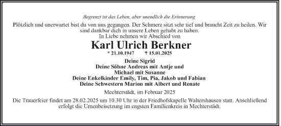 Traueranzeige von Karl Ulrich Berkner von Thüringer Allgemeine, Thüringische Landeszeitung